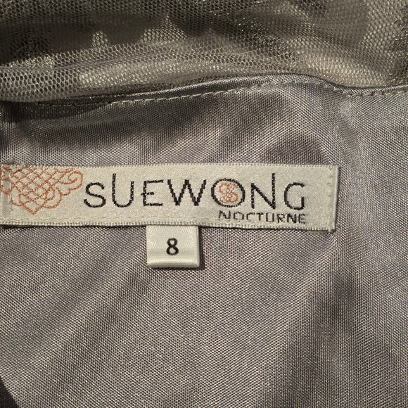 Sue Wong Nocturne Gray Silver Embroidered Lace Sheath Cocktail Dress, Size 8 - Picture 9 of 11